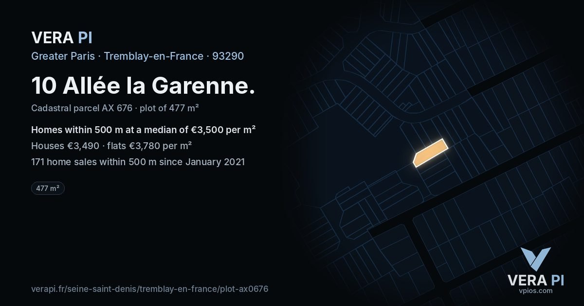 10 Allée la Garenne, Tremblay-en-France at night – the plot lit, the parcels around coloured by the prices near them