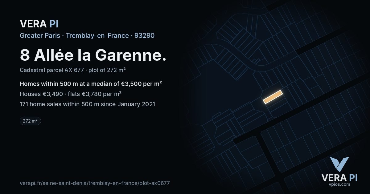 8 Allée la Garenne, Tremblay-en-France at night – the plot lit, the parcels around coloured by the prices near them