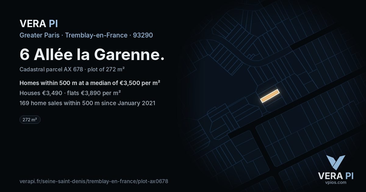 6 Allée la Garenne, Tremblay-en-France at night – the plot lit, the parcels around coloured by the prices near them