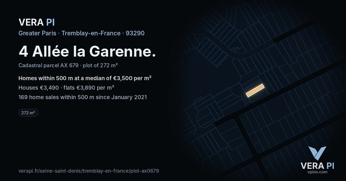 4 Allée la Garenne, Tremblay-en-France at night – the plot lit, the parcels around coloured by the prices near them