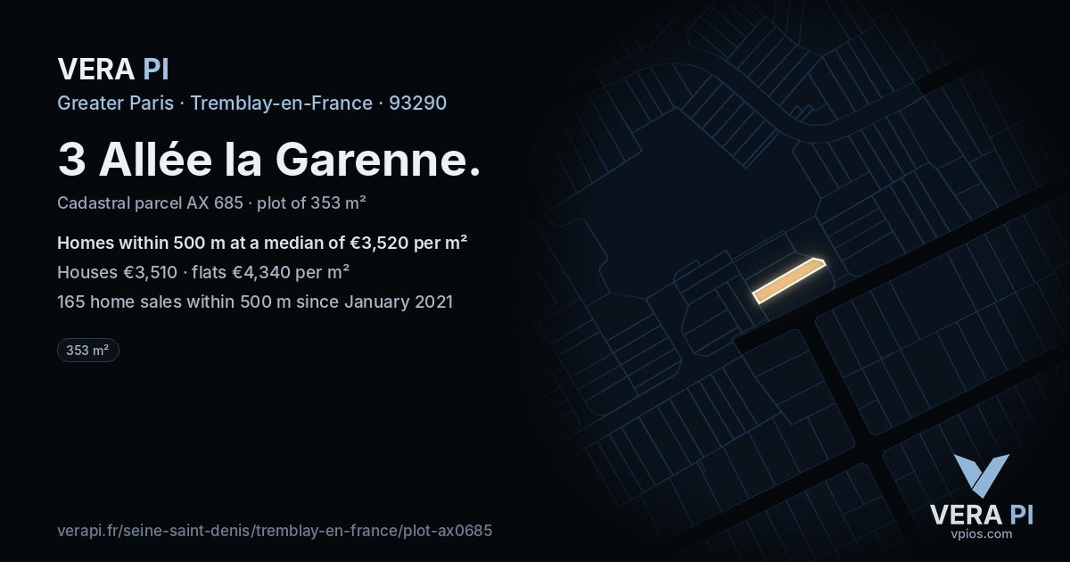 3 Allée la Garenne, Tremblay-en-France at night – the plot lit, the parcels around coloured by the prices near them