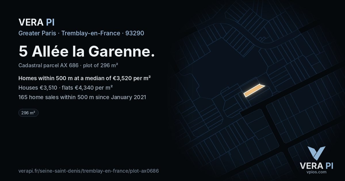 5 Allée la Garenne, Tremblay-en-France at night – the plot lit, the parcels around coloured by the prices near them