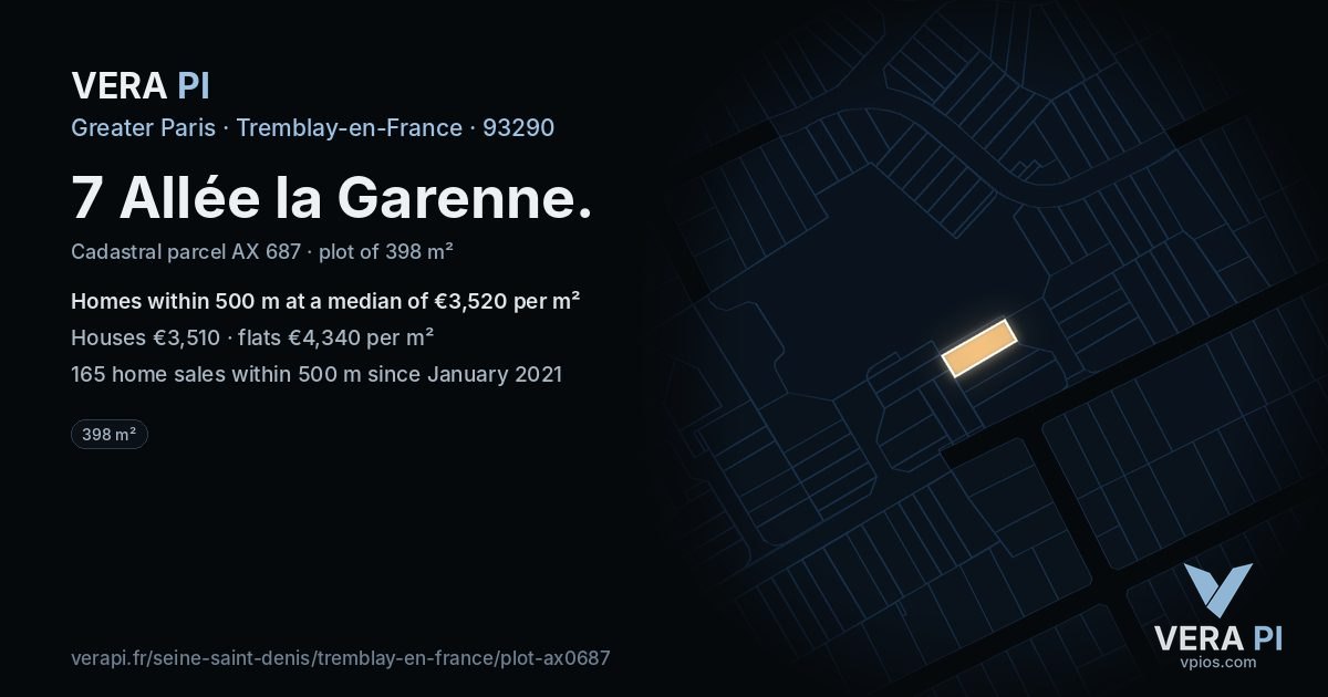 7 Allée la Garenne, Tremblay-en-France at night – the plot lit, the parcels around coloured by the prices near them