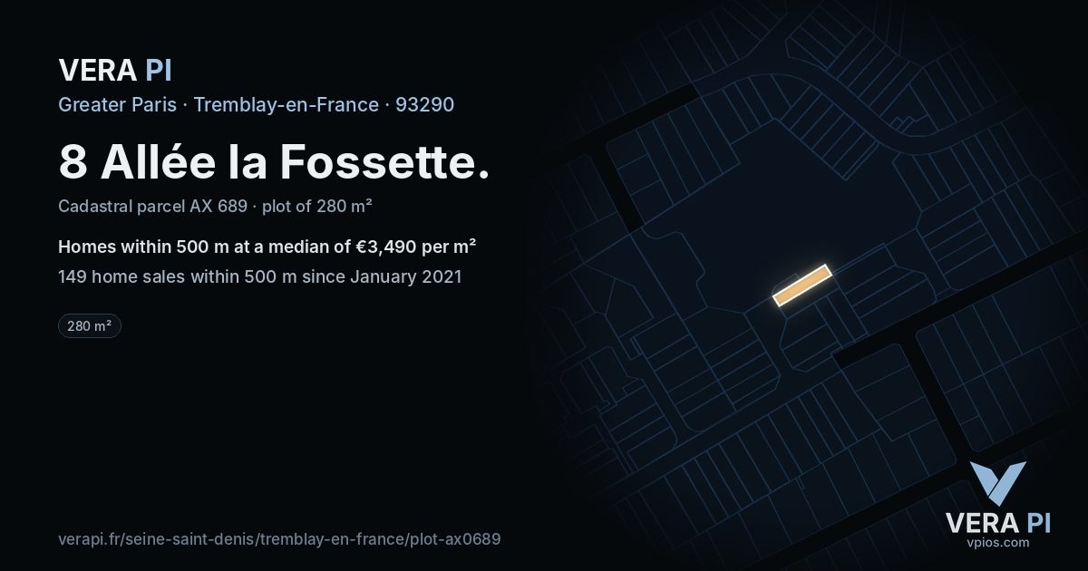 8 Allée la Fossette, Tremblay-en-France at night – the plot lit, the parcels around coloured by the prices near them