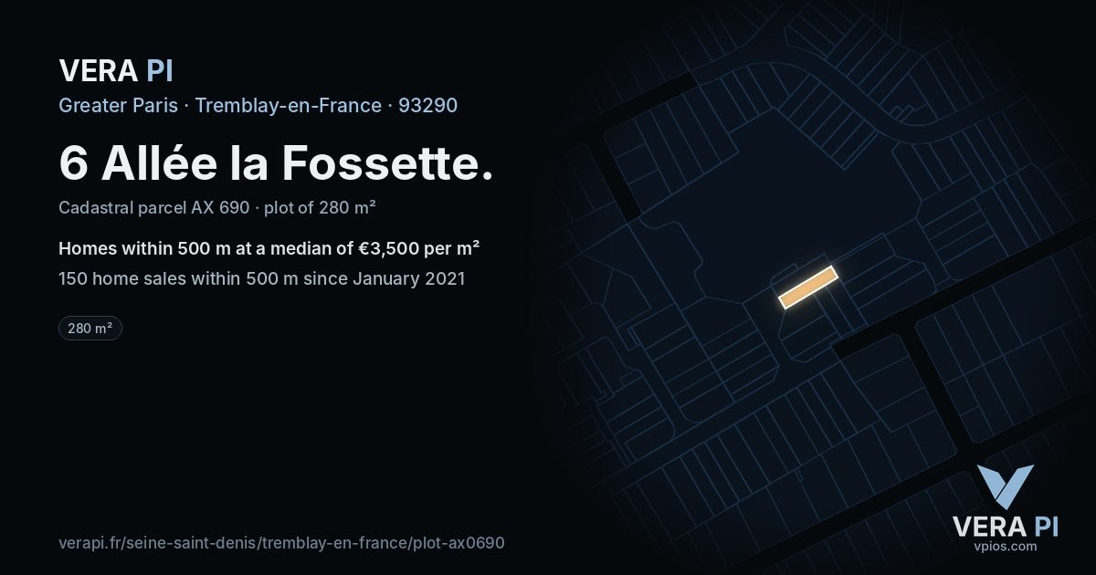 6 Allée la Fossette, Tremblay-en-France at night – the plot lit, the parcels around coloured by the prices near them