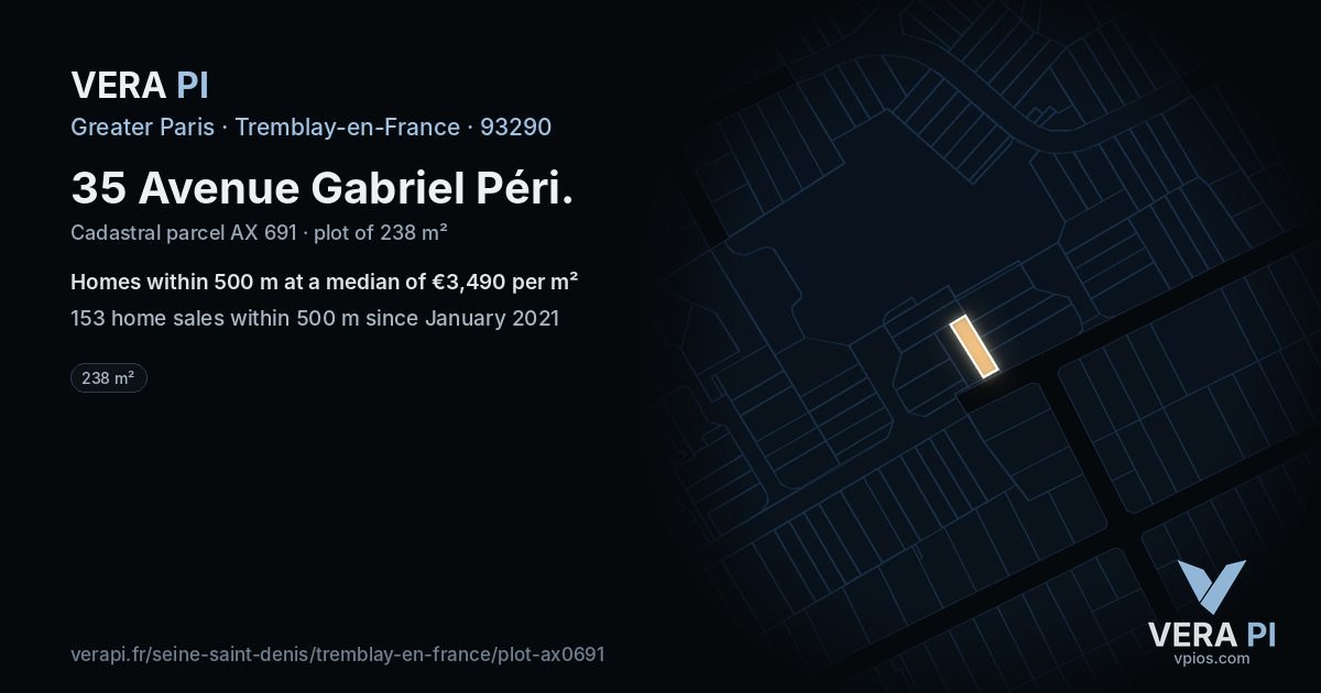 35 Avenue Gabriel Péri, Tremblay-en-France at night – the plot lit, the parcels around coloured by the prices near them