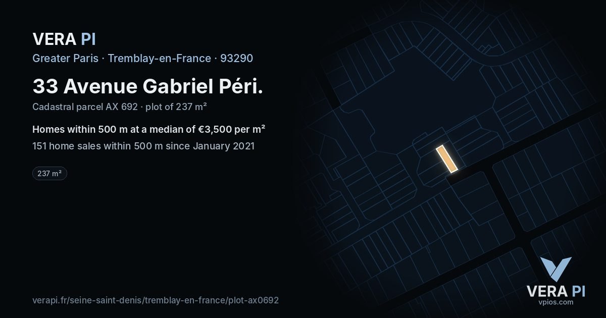 33 Avenue Gabriel Péri, Tremblay-en-France at night – the plot lit, the parcels around coloured by the prices near them