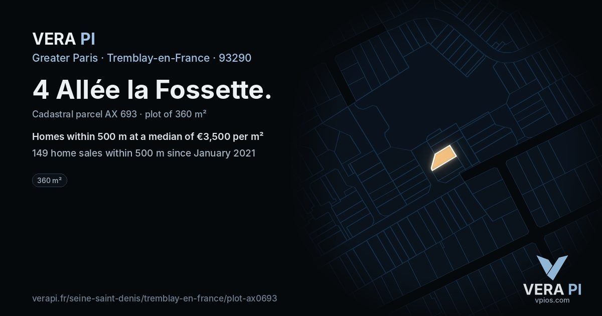 4 Allée la Fossette, Tremblay-en-France at night – the plot lit, the parcels around coloured by the prices near them