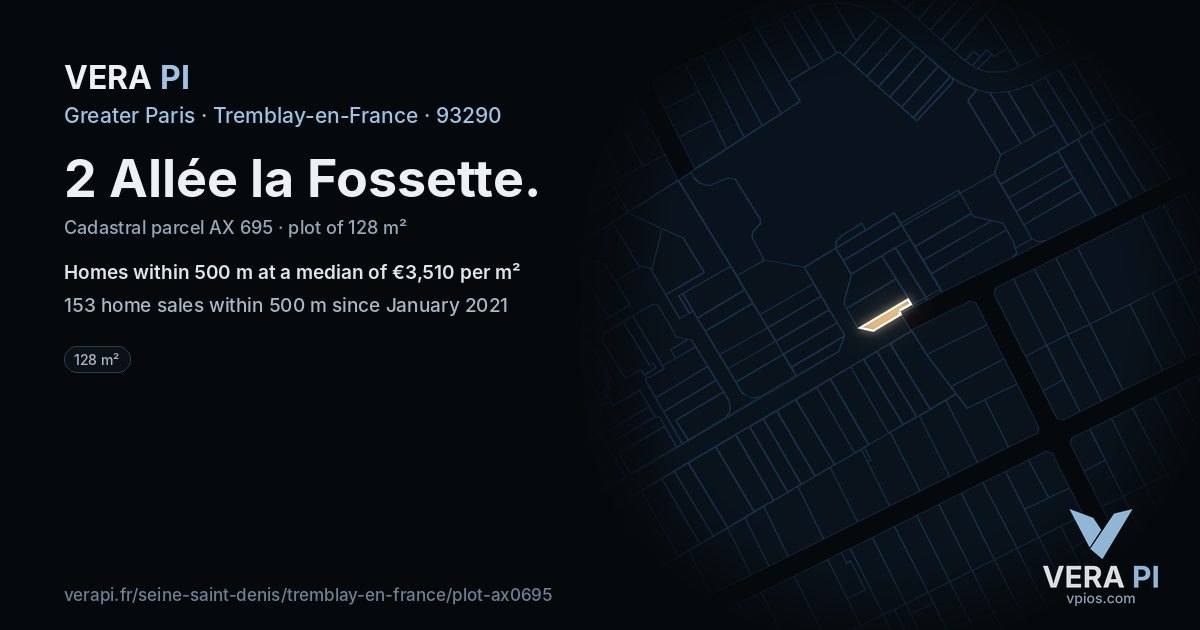 2 Allée la Fossette, Tremblay-en-France at night – the plot lit, the parcels around coloured by the prices near them