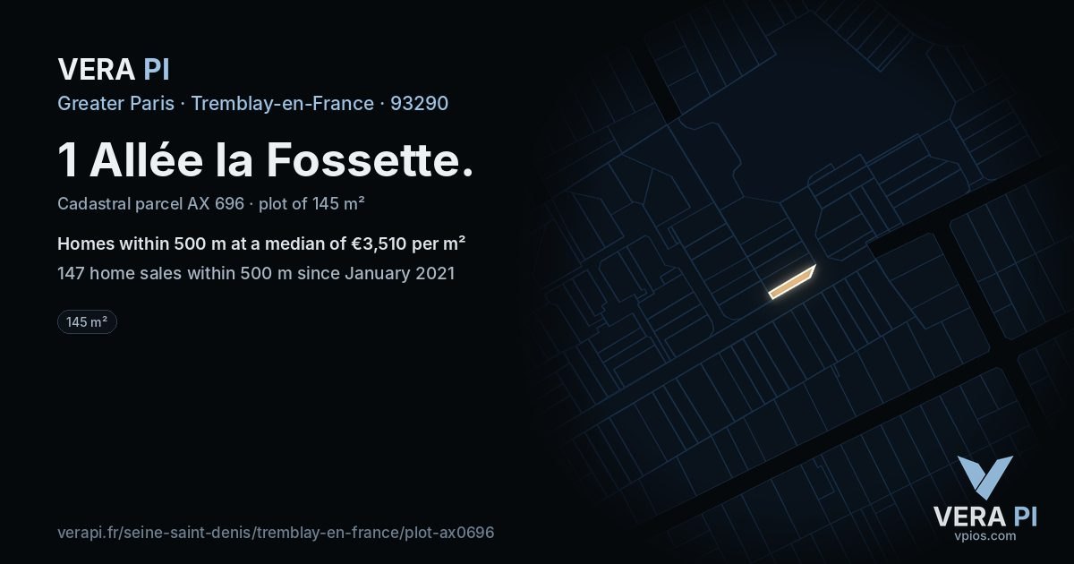 1 Allée la Fossette, Tremblay-en-France at night – the plot lit, the parcels around coloured by the prices near them