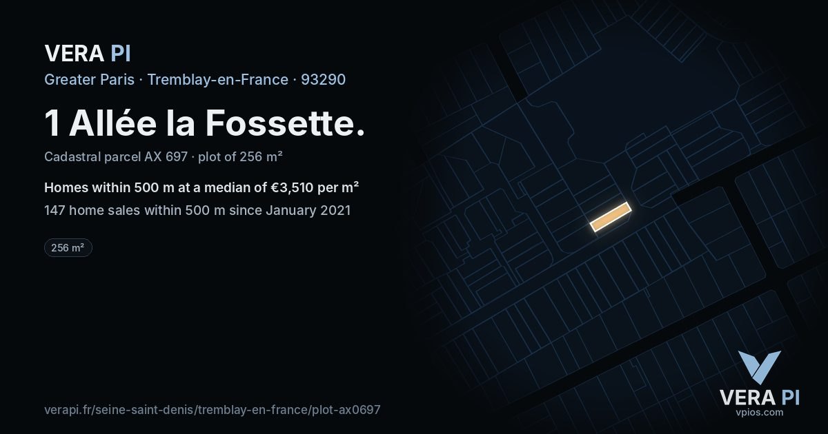 1 Allée la Fossette, Tremblay-en-France at night – the plot lit, the parcels around coloured by the prices near them