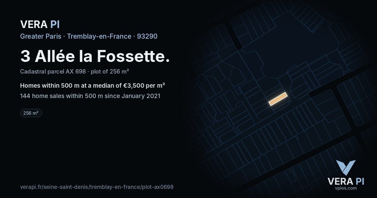 3 Allée la Fossette, Tremblay-en-France at night – the plot lit, the parcels around coloured by the prices near them