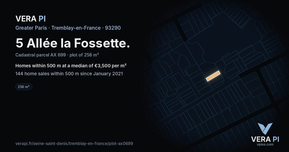 5 Allée la Fossette, Tremblay-en-France at night – the plot lit, the parcels around coloured by the prices near them