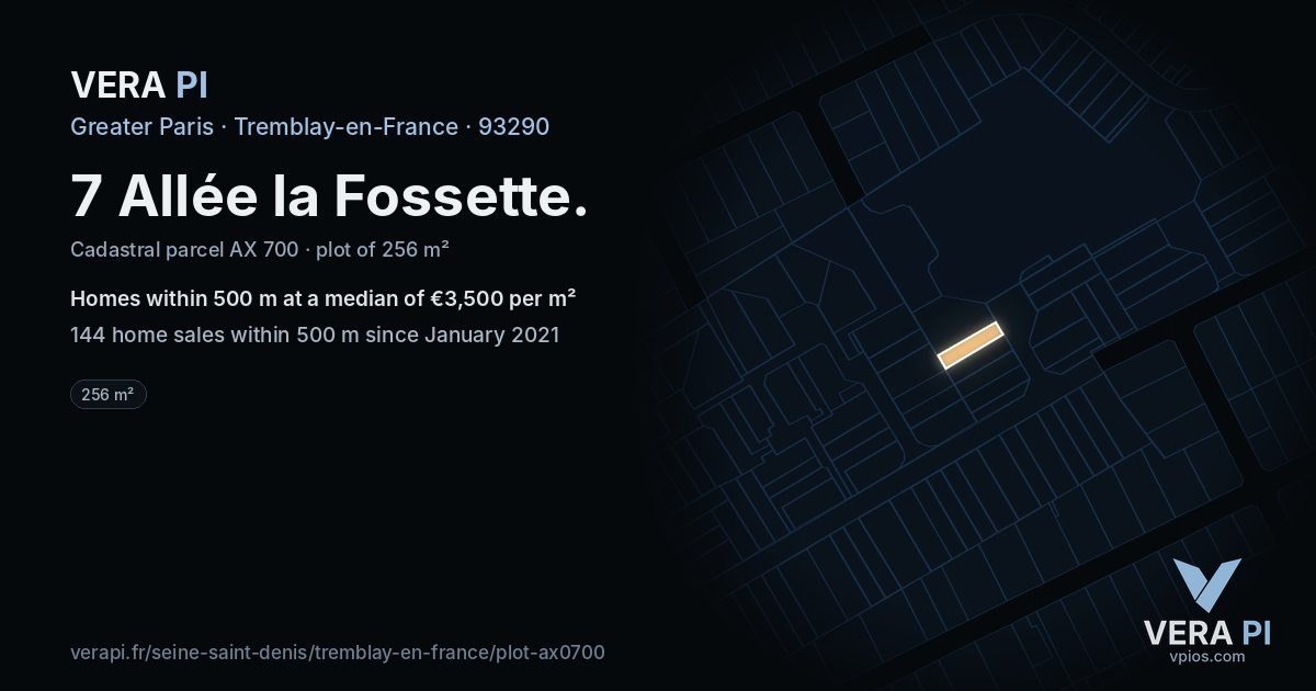 7 Allée la Fossette, Tremblay-en-France at night – the plot lit, the parcels around coloured by the prices near them