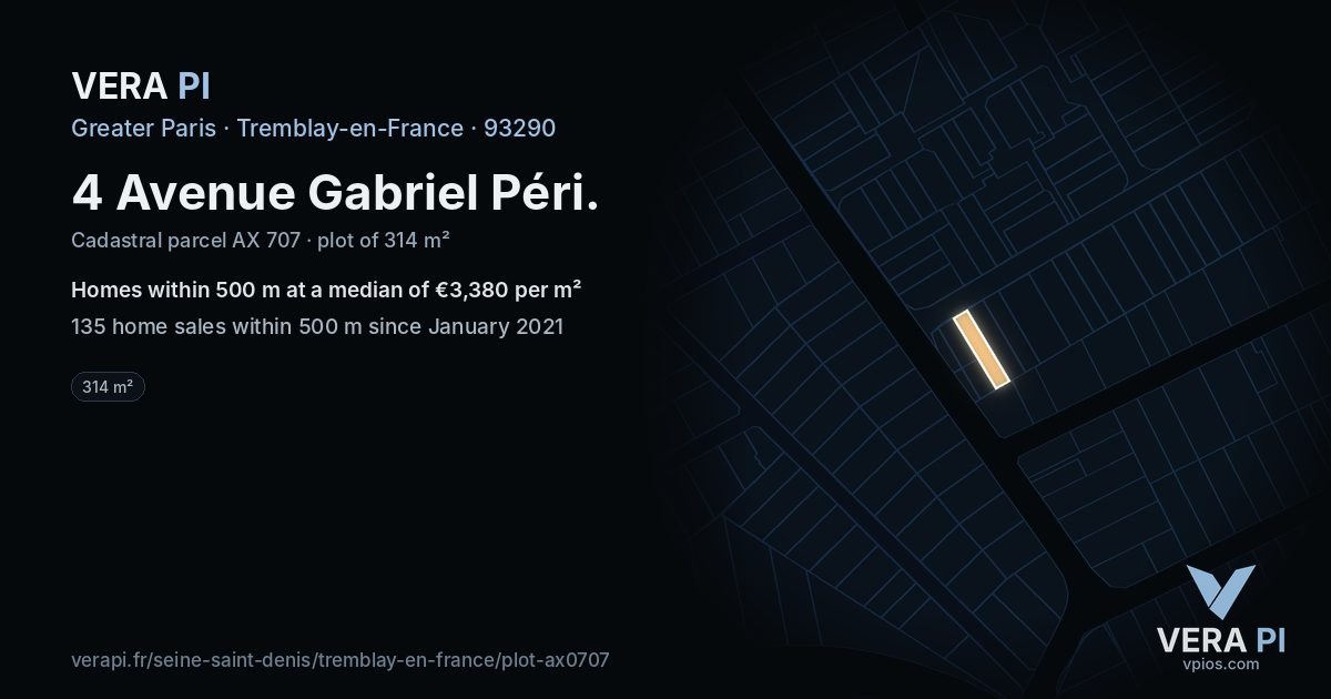 4 Avenue Gabriel Péri, Tremblay-en-France at night – the plot lit, the parcels around coloured by the prices near them