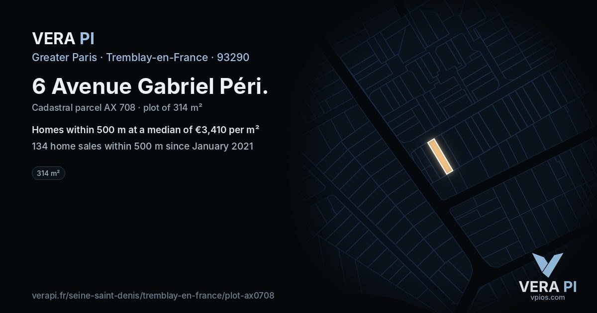 6 Avenue Gabriel Péri, Tremblay-en-France at night – the plot lit, the parcels around coloured by the prices near them