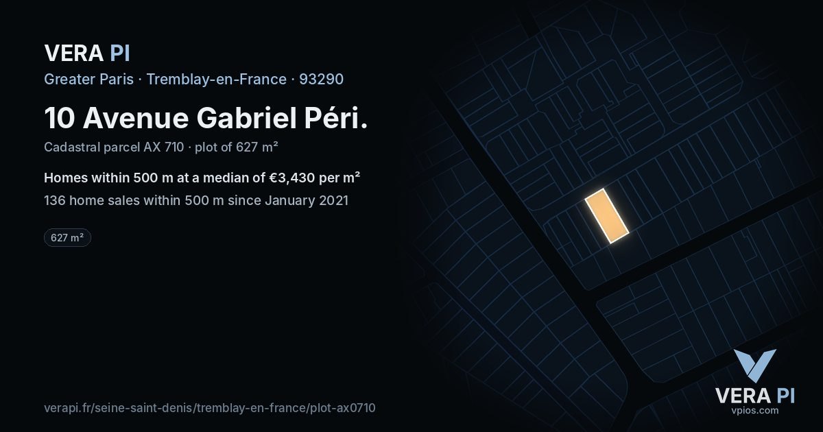 10 Avenue Gabriel Péri, Tremblay-en-France at night – the plot lit, the parcels around coloured by the prices near them