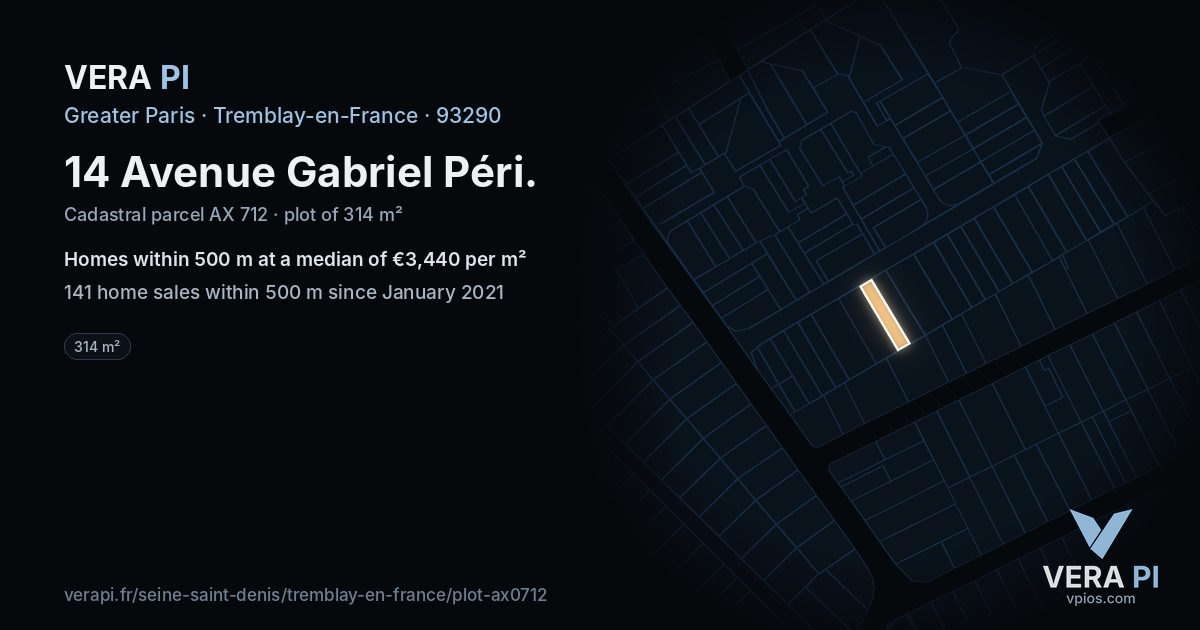 14 Avenue Gabriel Péri, Tremblay-en-France at night – the plot lit, the parcels around coloured by the prices near them