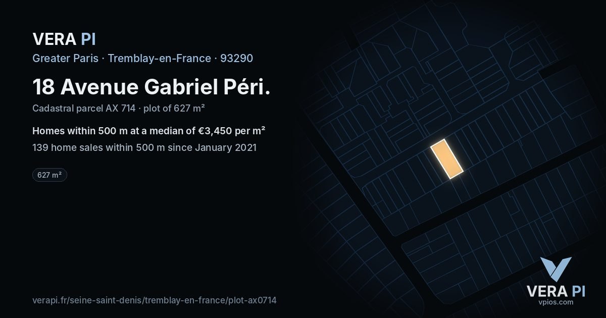 18 Avenue Gabriel Péri, Tremblay-en-France at night – the plot lit, the parcels around coloured by the prices near them
