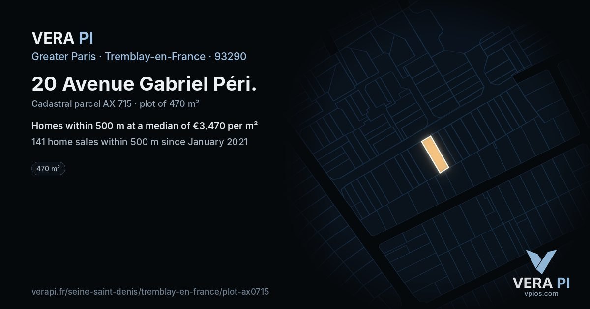 20 Avenue Gabriel Péri, Tremblay-en-France at night – the plot lit, the parcels around coloured by the prices near them
