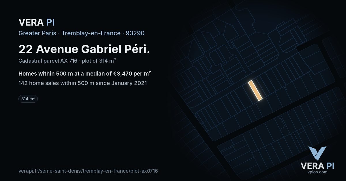 22 Avenue Gabriel Péri, Tremblay-en-France at night – the plot lit, the parcels around coloured by the prices near them