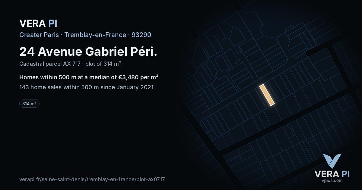 24 Avenue Gabriel Péri, Tremblay-en-France at night – the plot lit, the parcels around coloured by the prices near them