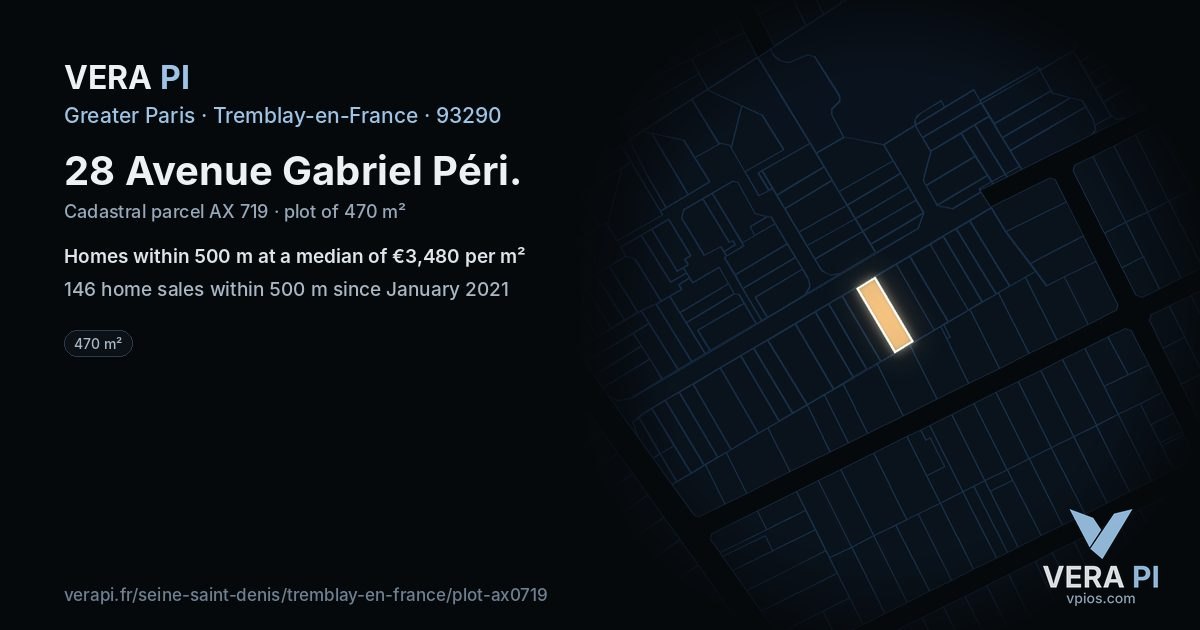 28 Avenue Gabriel Péri, Tremblay-en-France at night – the plot lit, the parcels around coloured by the prices near them