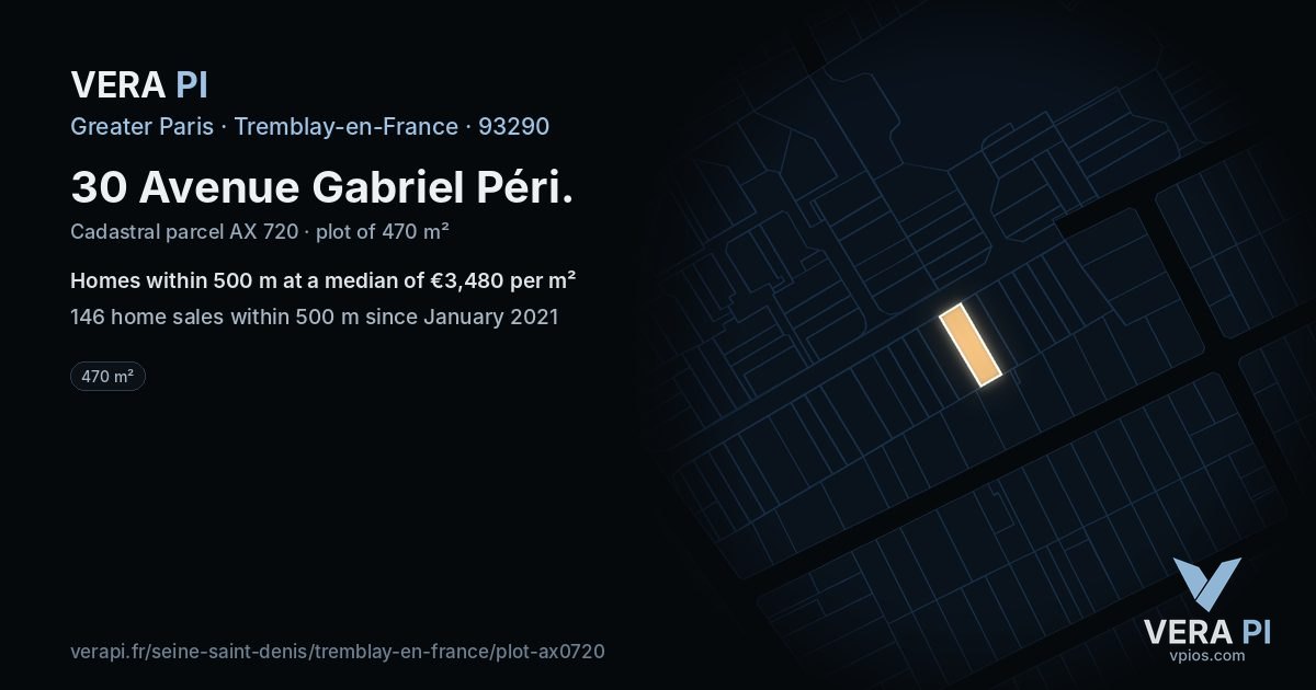 30 Avenue Gabriel Péri, Tremblay-en-France at night – the plot lit, the parcels around coloured by the prices near them
