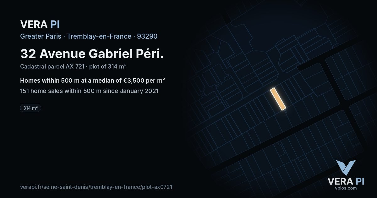 32 Avenue Gabriel Péri, Tremblay-en-France at night – the plot lit, the parcels around coloured by the prices near them