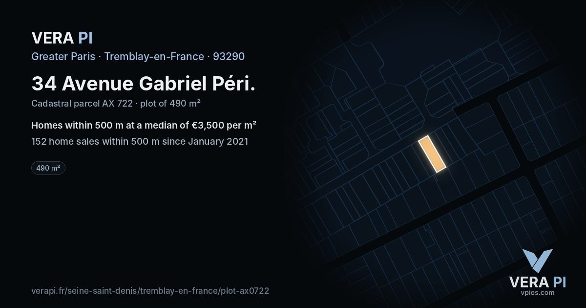 34 Avenue Gabriel Péri, Tremblay-en-France at night – the plot lit, the parcels around coloured by the prices near them