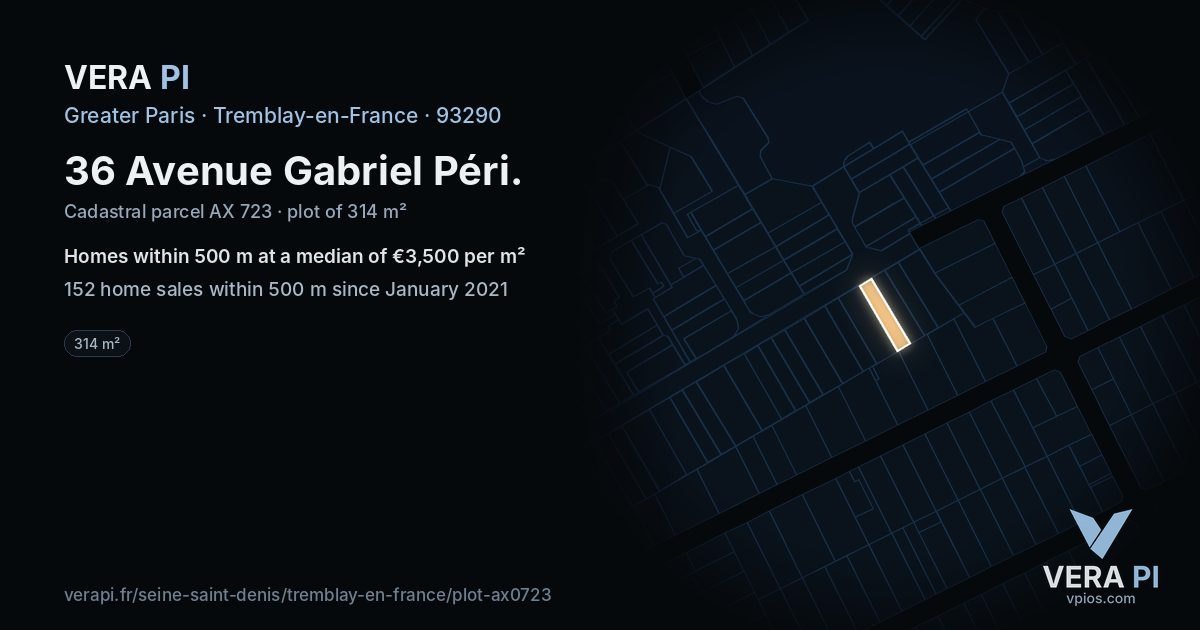 36 Avenue Gabriel Péri, Tremblay-en-France at night – the plot lit, the parcels around coloured by the prices near them