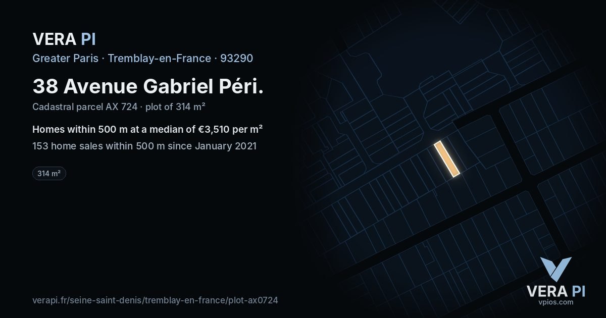38 Avenue Gabriel Péri, Tremblay-en-France at night – the plot lit, the parcels around coloured by the prices near them