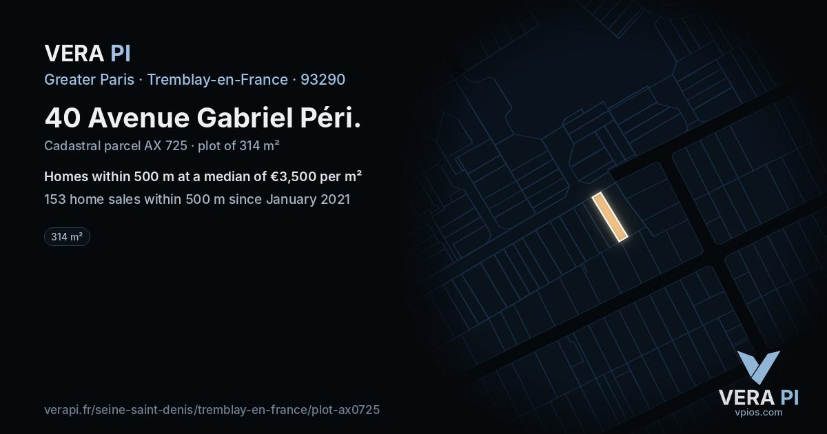 40 Avenue Gabriel Péri, Tremblay-en-France at night – the plot lit, the parcels around coloured by the prices near them