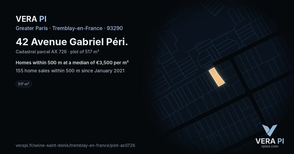 42 Avenue Gabriel Péri, Tremblay-en-France at night – the plot lit, the parcels around coloured by the prices near them