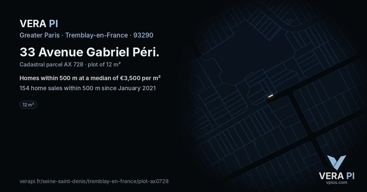 33 Avenue Gabriel Péri, Tremblay-en-France at night – the plot lit, the parcels around coloured by the prices near them