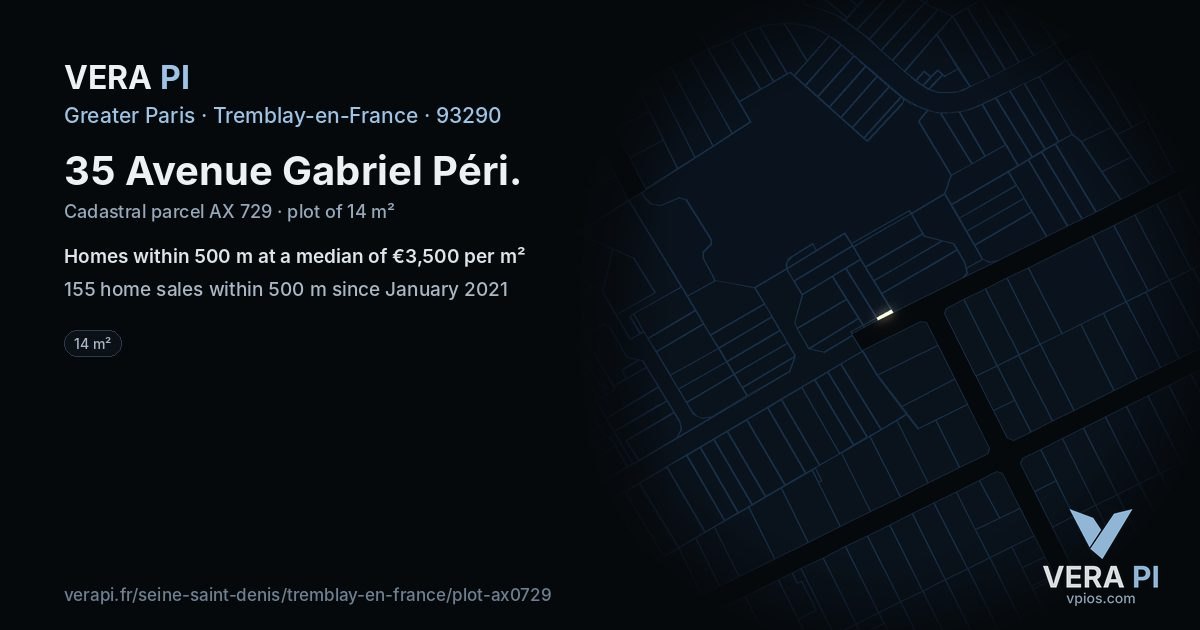 35 Avenue Gabriel Péri, Tremblay-en-France at night – the plot lit, the parcels around coloured by the prices near them
