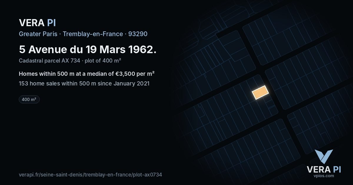 5 Avenue du 19 Mars 1962, Tremblay-en-France at night – the plot lit, the parcels around coloured by the prices near them