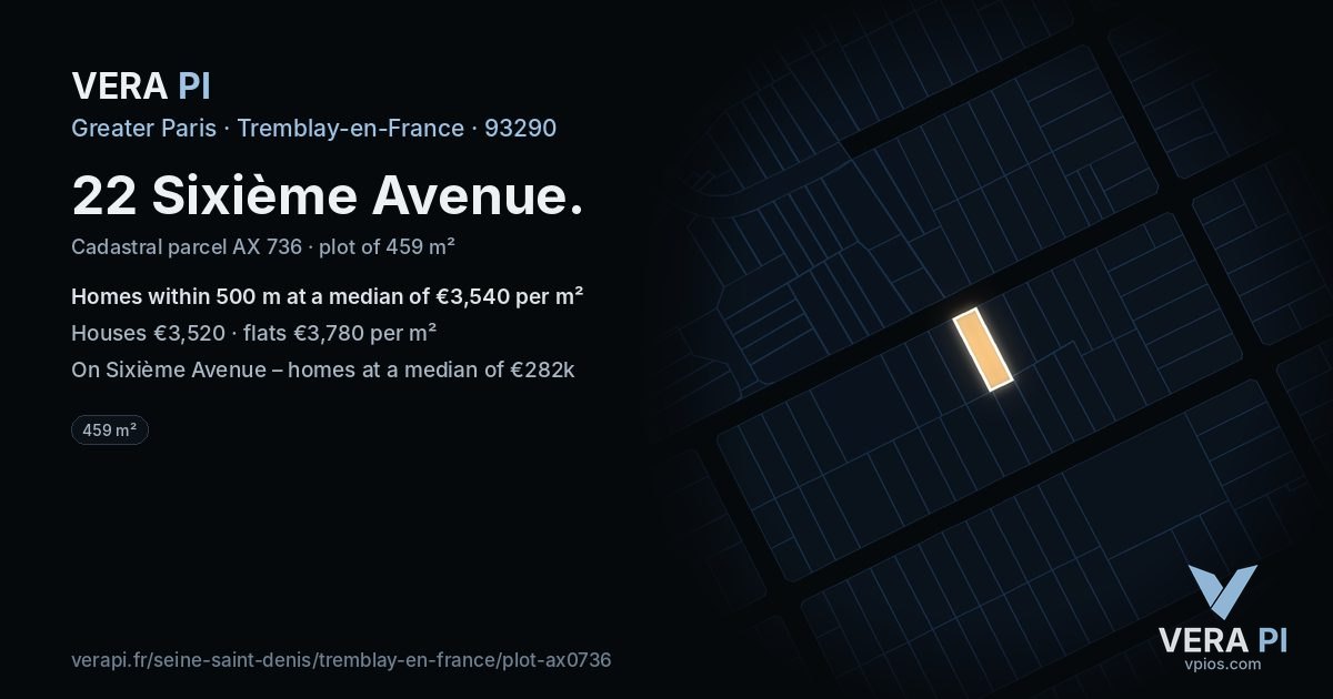 22 Sixième Avenue, Tremblay-en-France at night – the plot lit, the parcels around coloured by the prices near them