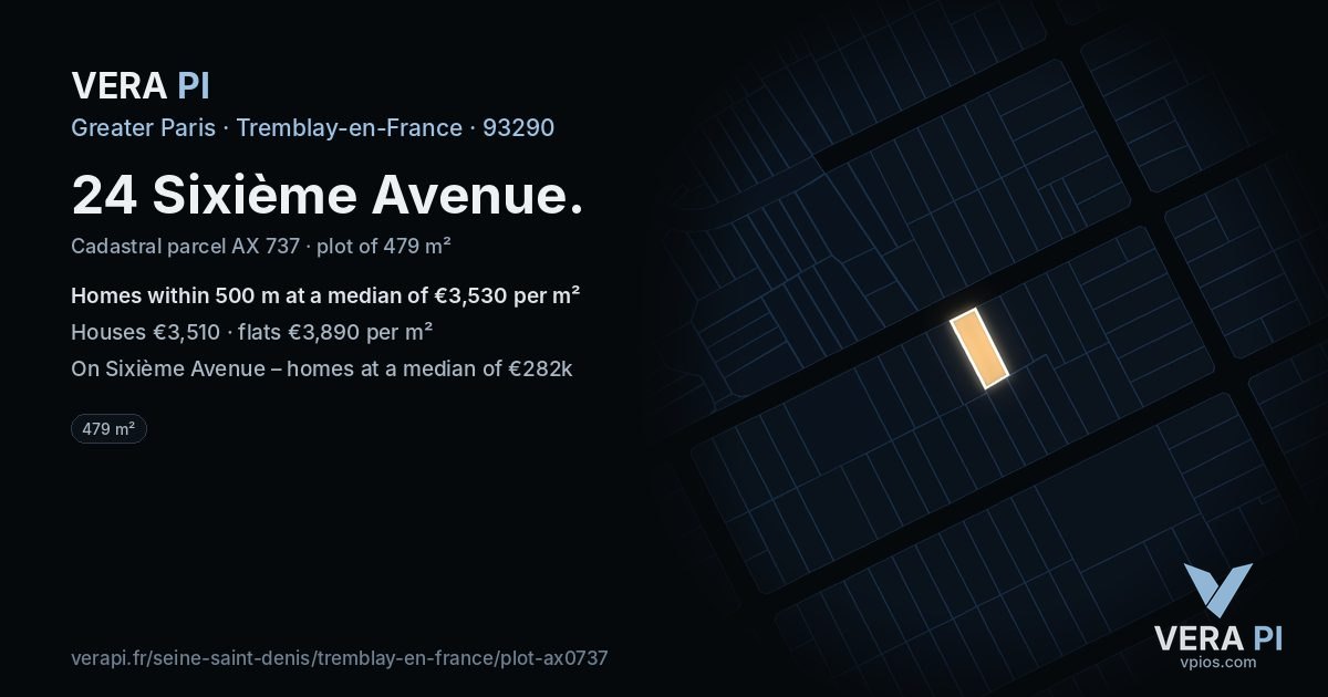24 Sixième Avenue, Tremblay-en-France at night – the plot lit, the parcels around coloured by the prices near them