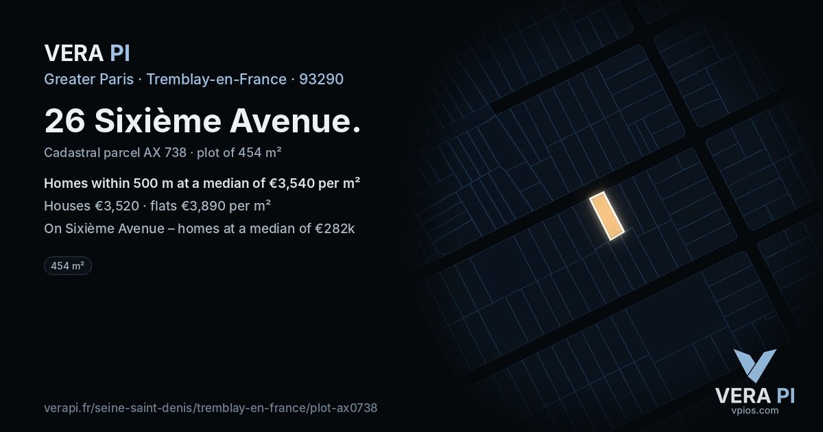 26 Sixième Avenue, Tremblay-en-France at night – the plot lit, the parcels around coloured by the prices near them