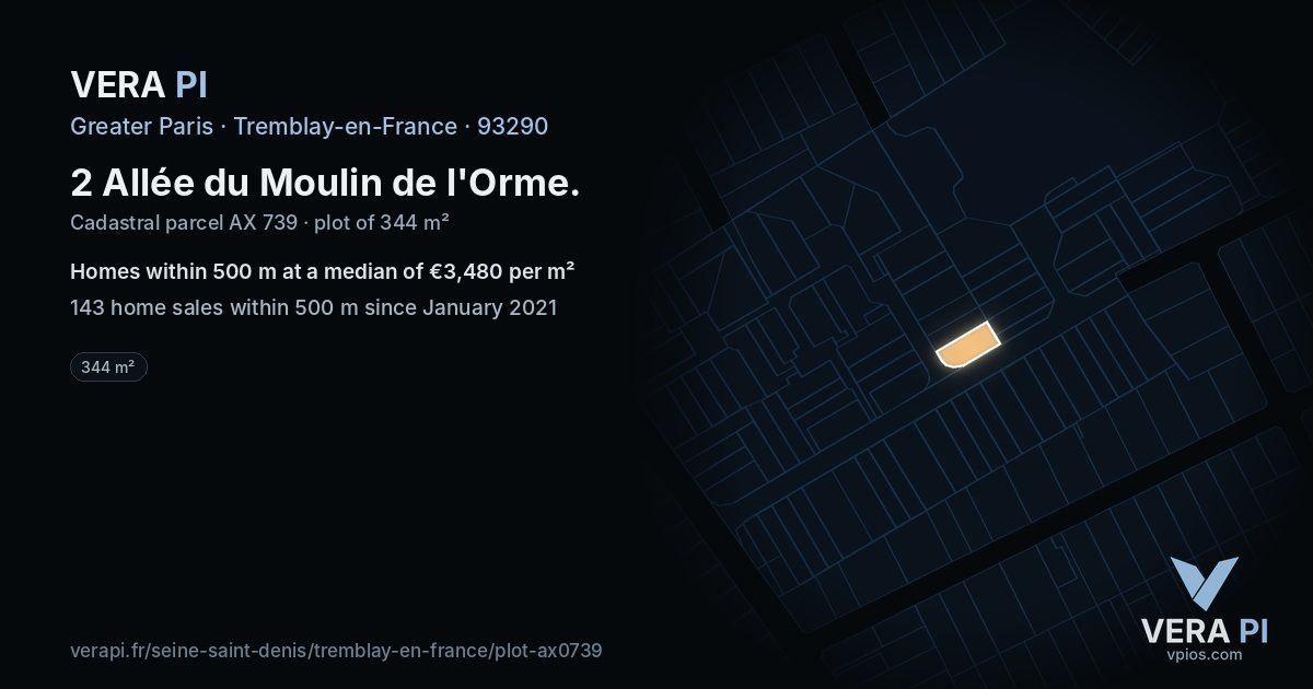 2 Allée du Moulin de l'Orme, Tremblay-en-France at night – the plot lit, the parcels around coloured by the prices near them