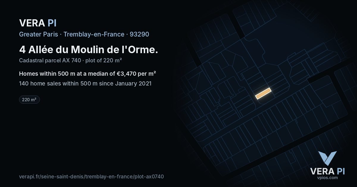 4 Allée du Moulin de l'Orme, Tremblay-en-France at night – the plot lit, the parcels around coloured by the prices near them
