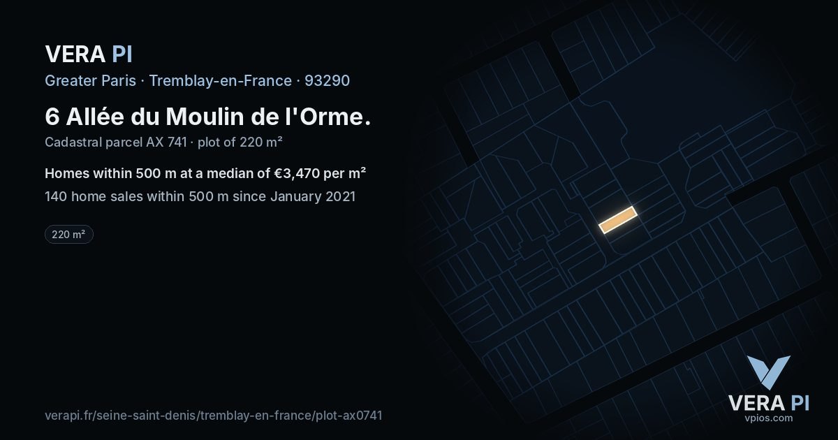 6 Allée du Moulin de l'Orme, Tremblay-en-France at night – the plot lit, the parcels around coloured by the prices near them