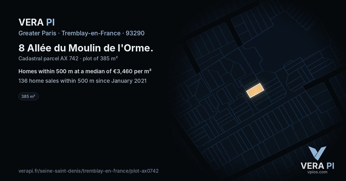8 Allée du Moulin de l'Orme, Tremblay-en-France at night – the plot lit, the parcels around coloured by the prices near them