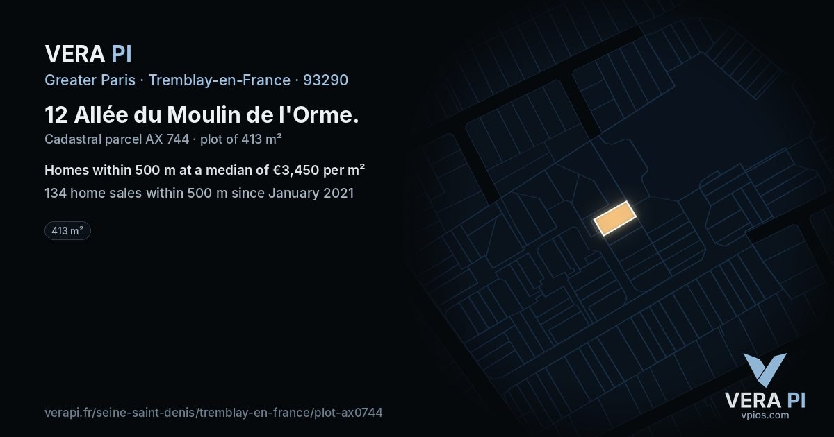 12 Allée du Moulin de l'Orme, Tremblay-en-France at night – the plot lit, the parcels around coloured by the prices near them