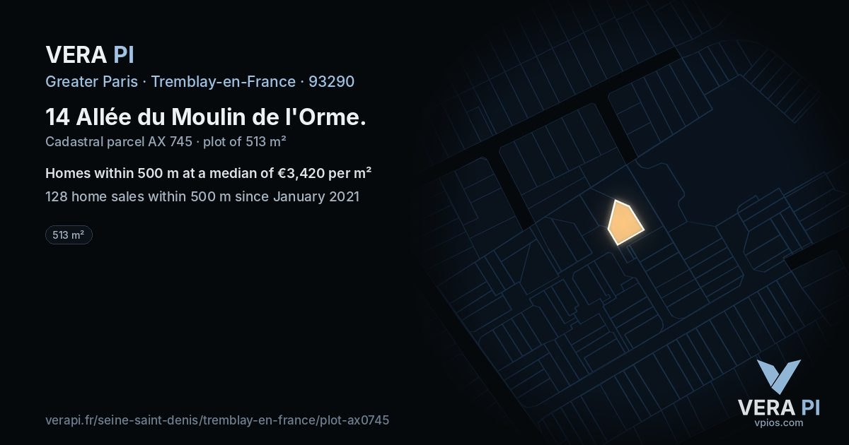 14 Allée du Moulin de l'Orme, Tremblay-en-France at night – the plot lit, the parcels around coloured by the prices near them