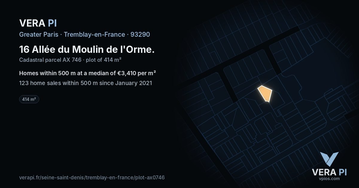 16 Allée du Moulin de l'Orme, Tremblay-en-France at night – the plot lit, the parcels around coloured by the prices near them