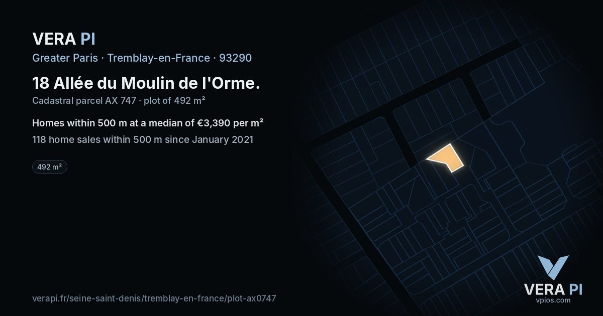 18 Allée du Moulin de l'Orme, Tremblay-en-France at night – the plot lit, the parcels around coloured by the prices near them