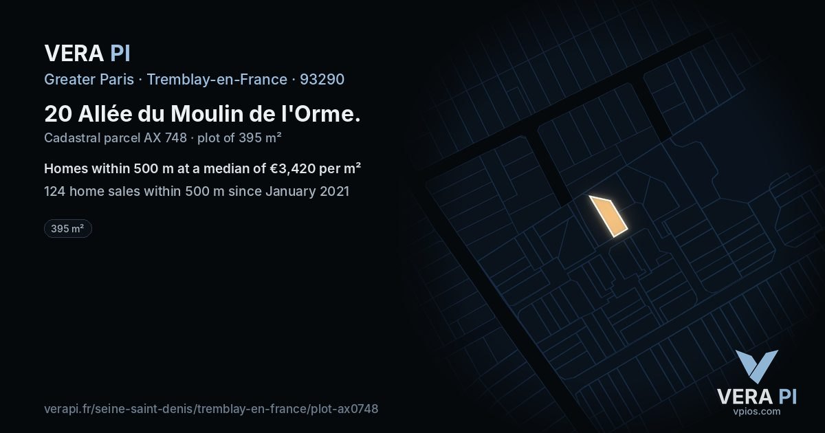 20 Allée du Moulin de l'Orme, Tremblay-en-France at night – the plot lit, the parcels around coloured by the prices near them