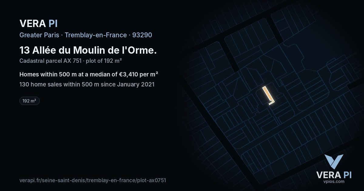 13 Allée du Moulin de l'Orme, Tremblay-en-France at night – the plot lit, the parcels around coloured by the prices near them